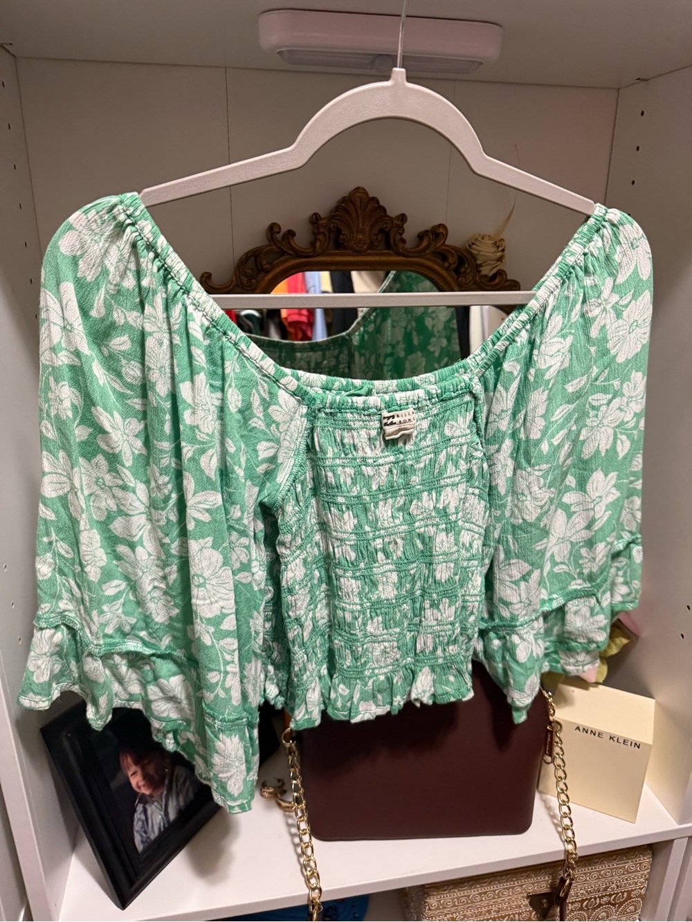 Smocked Off-Shoulder Floral Top in Mint Green - BillaBong Small